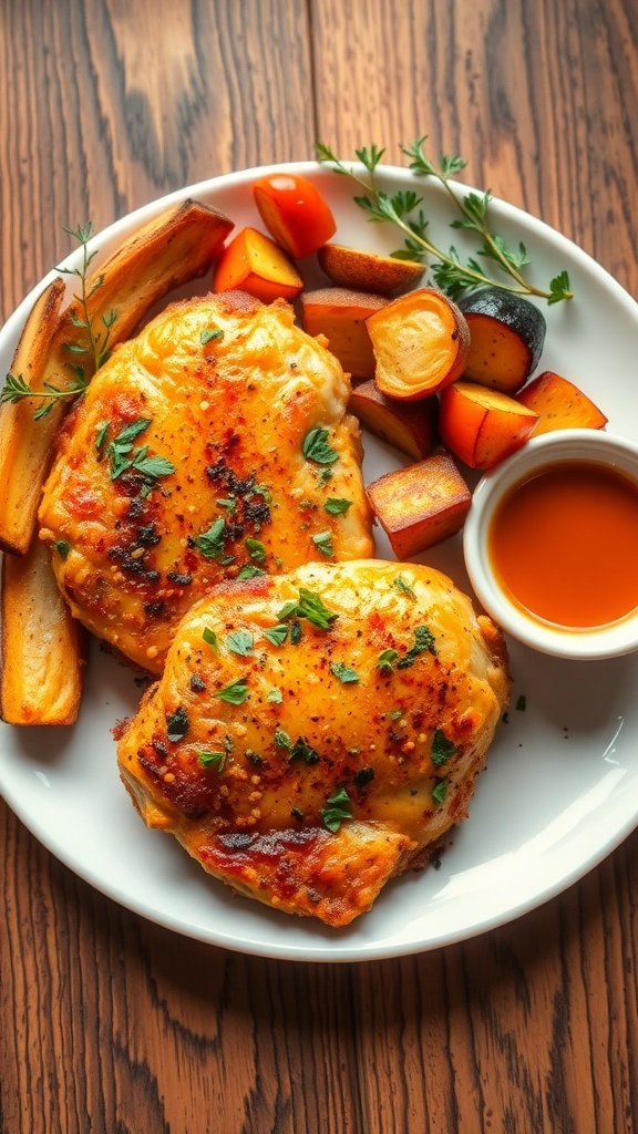 Crispy air fryer chicken breast garnished with herbs, served with roasted vegetables on a rustic table.